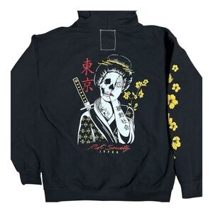 Riot Society Geisha Shame Black Hoodie with Yellow Floral Skull Design Size M